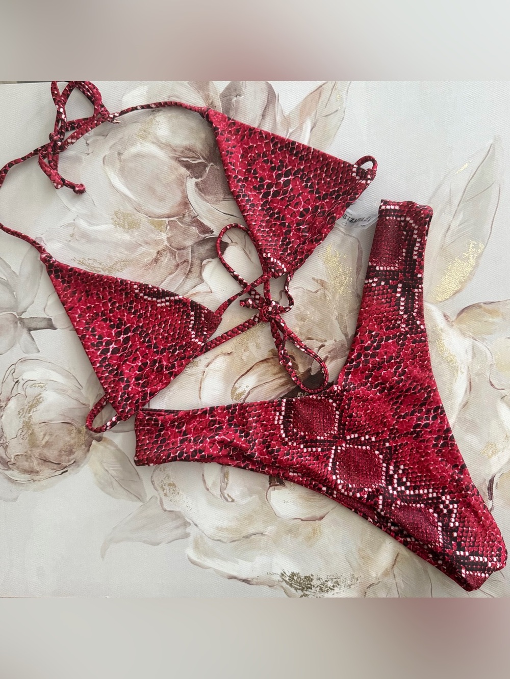 Zaful Red Snakeskin micro Tie Triangle Bikini Set